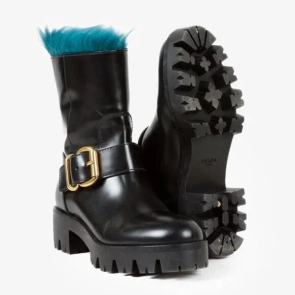 Prada Blue Fur Black Leather Moto Boots - Picture 4 of 10
